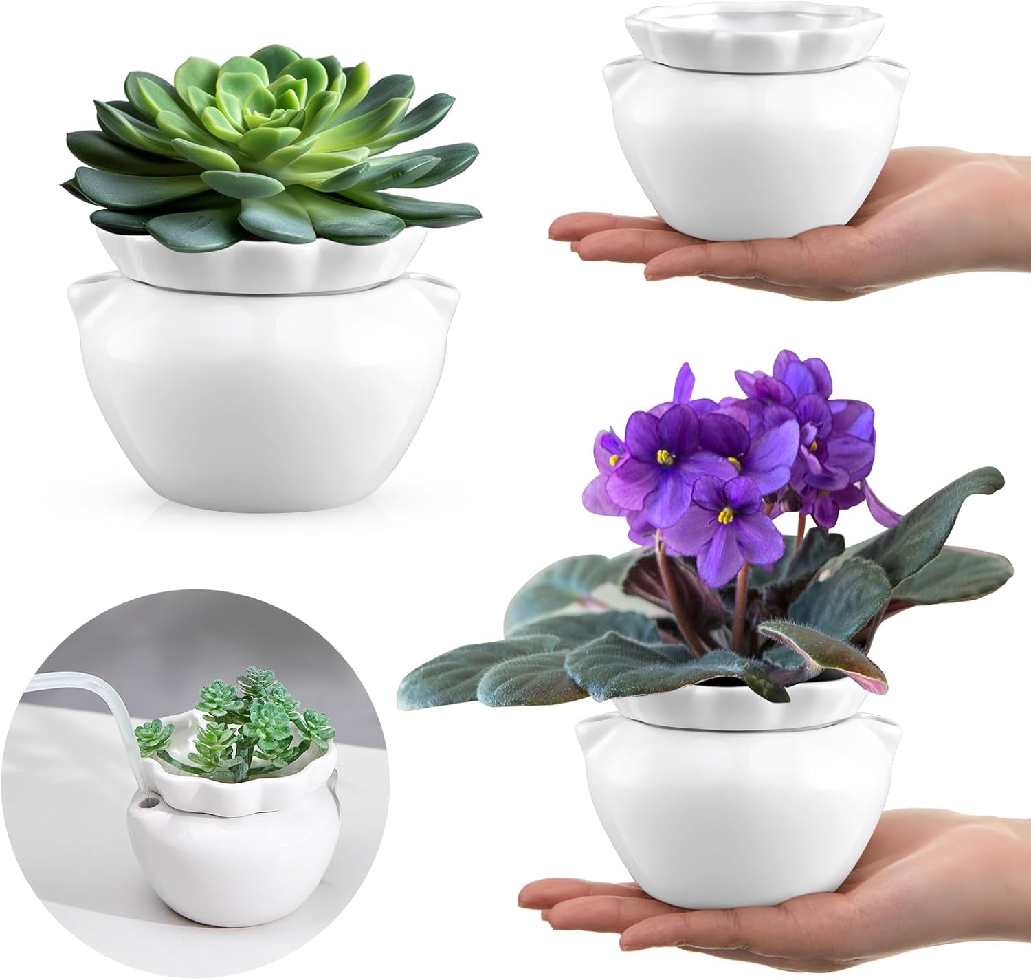 4 Set 4 Inch African Violet Pots Self Watering White Ceramic Planter Highly Absorbent Inner Planter Pot for Indoor Plants Plant Lovers Ideal Plant Pot Thriving Plant Flower Maintenance