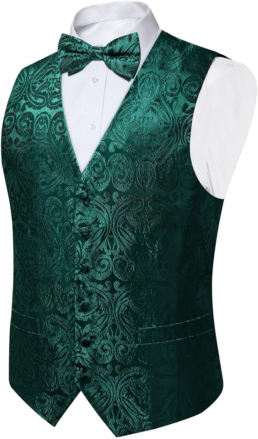 DiBanGu Silk Paisley Vest for Men Formal Suit Waistcoat and Bowtie Lapel Pin Set 7PCS Dress Vest for Suit or Tuxedo - Image 3