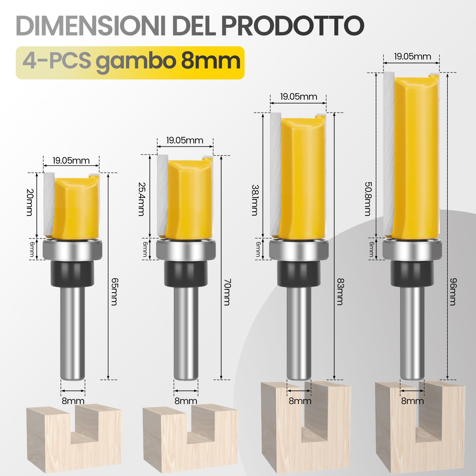 Fresa A Taglienti Diritti, 4 Pezzi Fresa Per Legno Gambo 8mm,Spianare Legno, Flauto Punta Dritta Fresa Per Lavorazione Del Legname, Lavori Fai Da Te Del