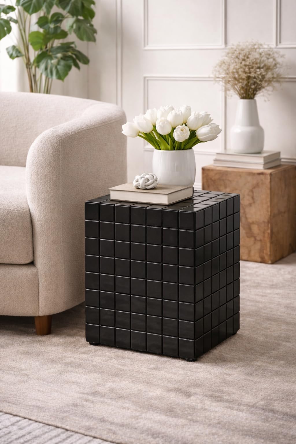 Tiled Cube Accent Bedside Table Coffee Stand Home Storage Organizer For Living Room Bedroom (, Black, Engineered Wood)