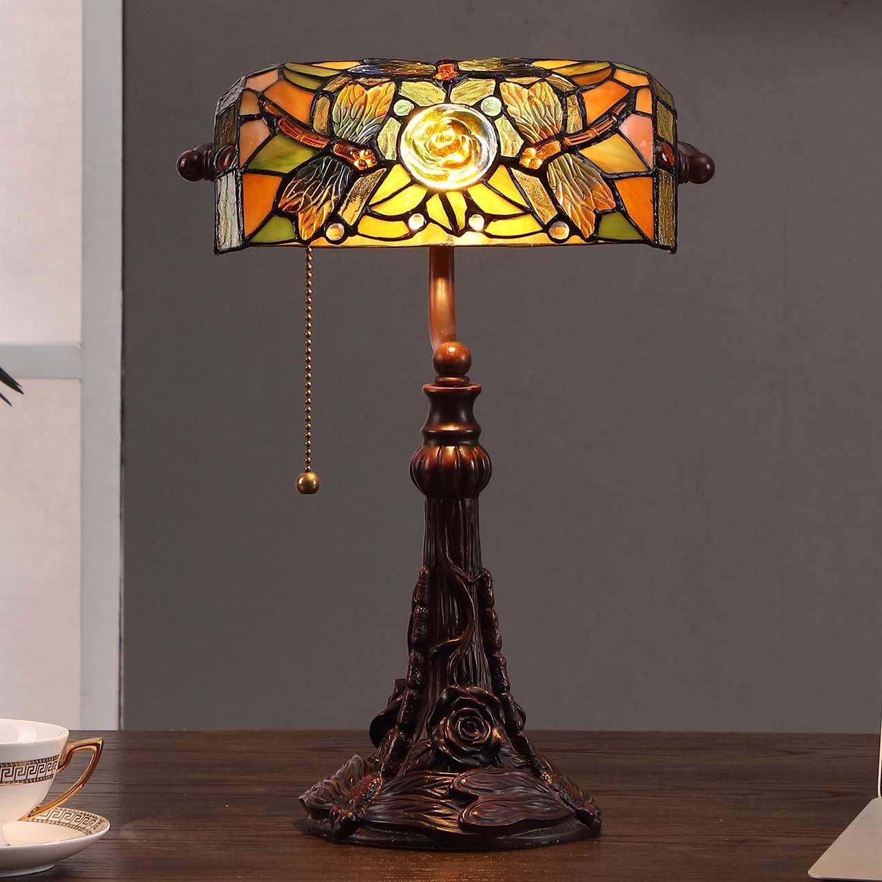 Bieye L10308 Dragonfly Tiffany Style Stained Glass Banker Desk Table Lamp with 10-inches Wide Lampshade for Reading Working, 16 inches Tall (Amber)