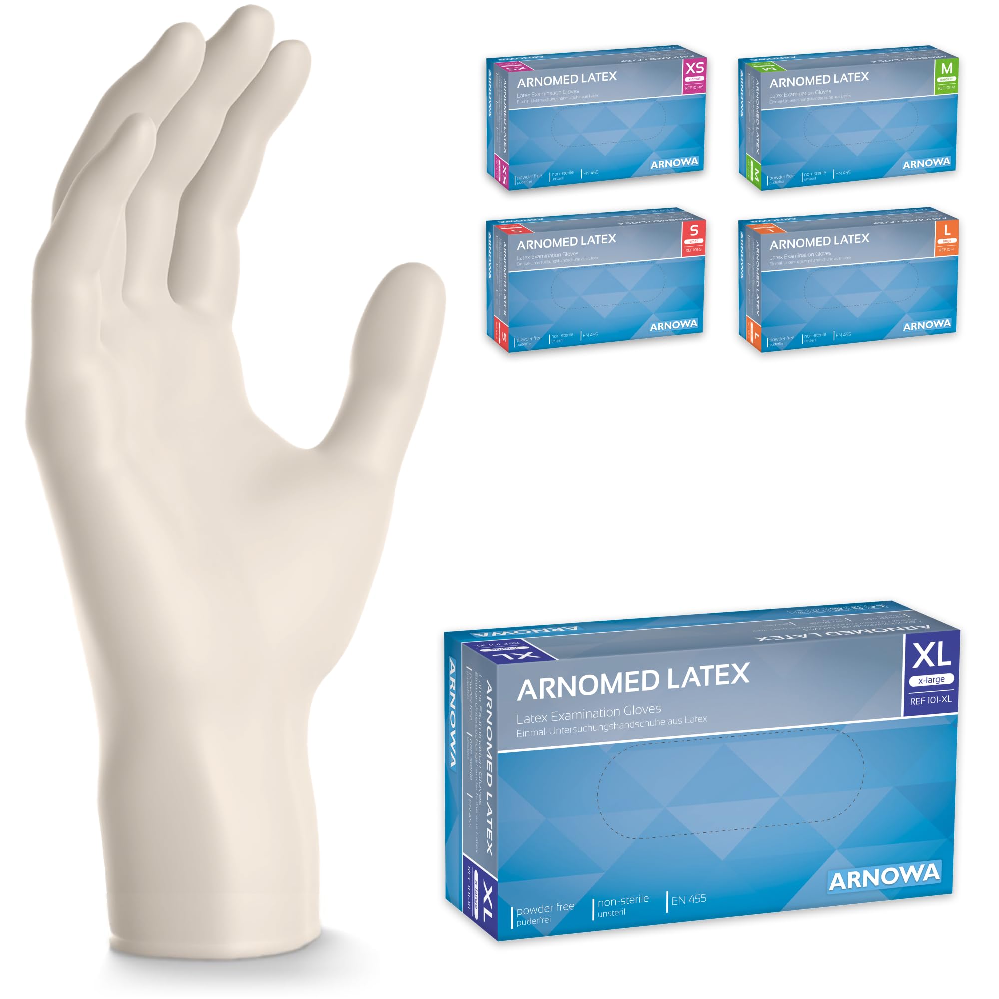 200x ARNOMED Einweghandschuhe XL, Latexhandschuhe Weiß (2x100 Stück), Einweghandschuhe puderfrei, Handschuhe Latex Einweg, Putzhandschuhe, Latex Handschuhe, Einmal-/Einweg-Handschuhe XS, S, M, L & XL