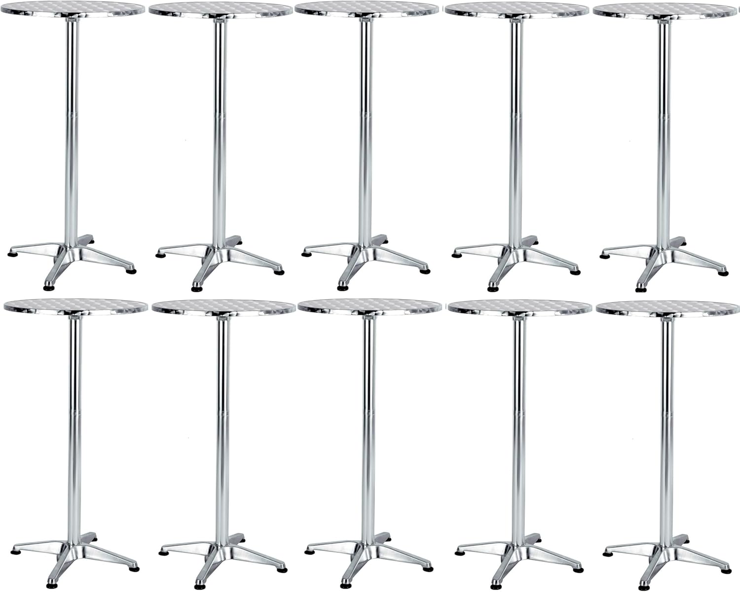 BTEXPERT Set of 10, Aluminum Indoor Outdoor 23.75" Round Restaurant Bar Height 45" Table, Patio Stainless Steel Silver Furniture 25.75" Base, Flip Top