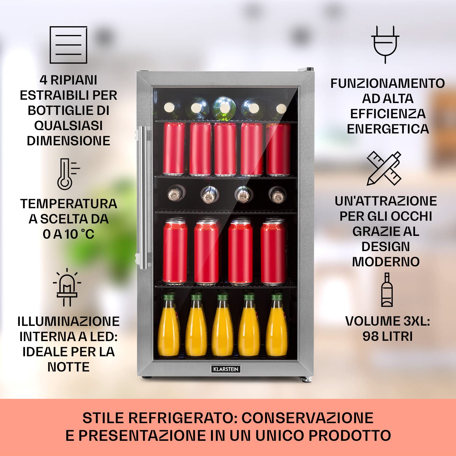 KLARSTEIN Frigo Portatile per Birra, 0-10°C, 198L con Porta in Vetro e Ripiani Rimovibili