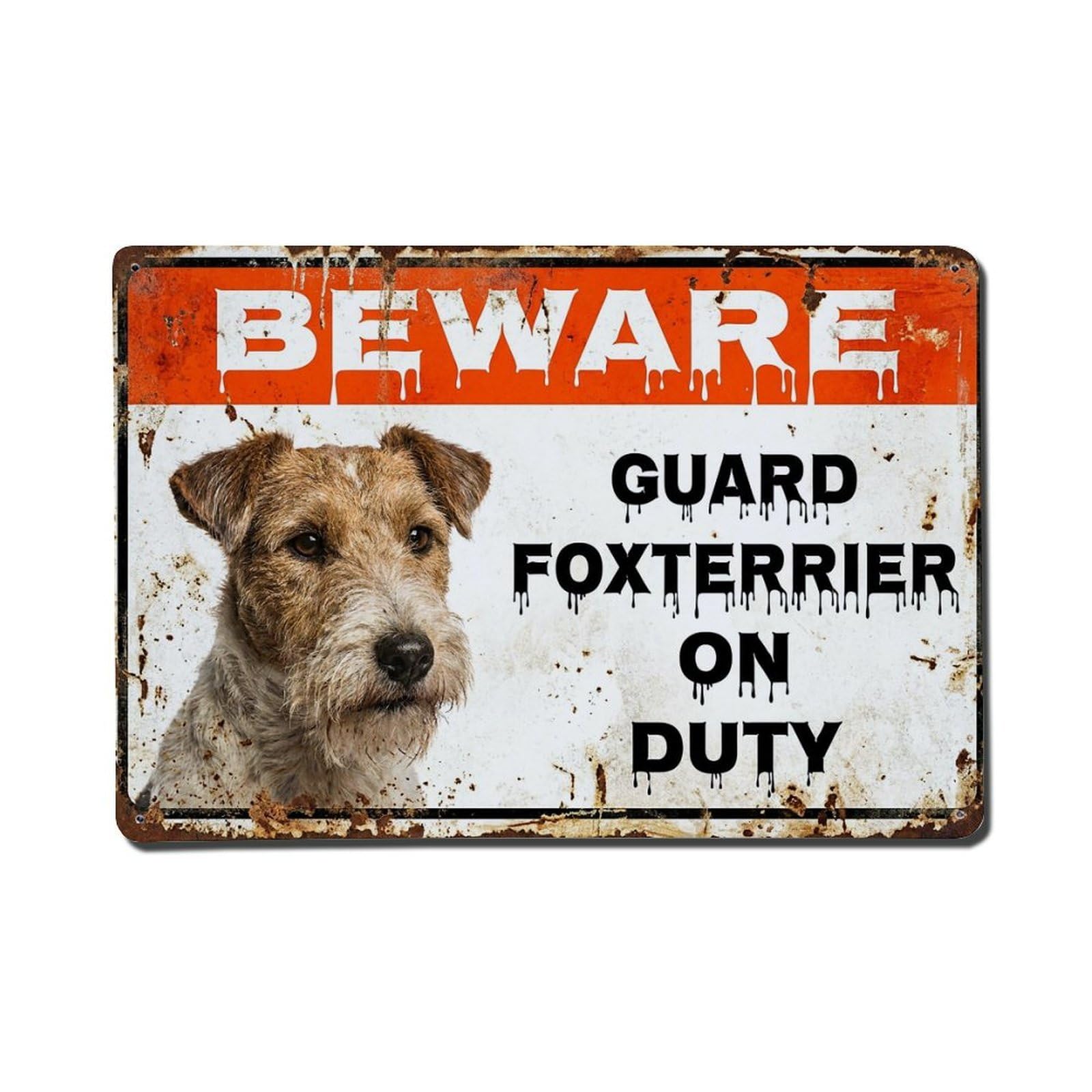 Vintage Funny Foxterrier Guard Beware of Dog Garden Metal Tin Sign Plaque Wall Decor for Cafe, Club Bar, Office, Garden Metal Poster 8x12Inch