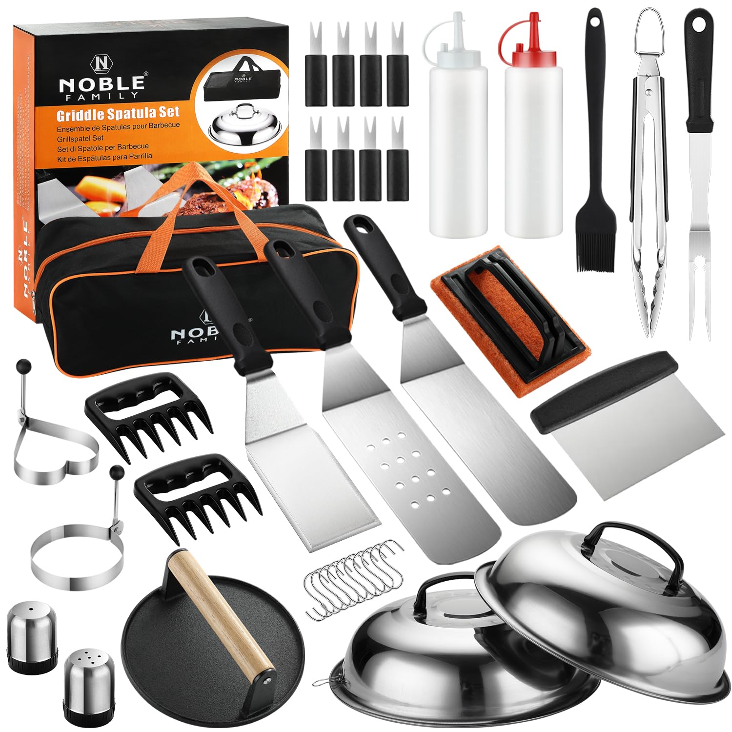 N NOBLE FAMILY 38PCS Griddle Accessories Kit, Professional Grill Tools Set for Outdoor Barbecue, Stainless Steel Griddle Spatula Set with Tongs, Smash Burger Press, Carry Bag, Perfect Grilling Gifts