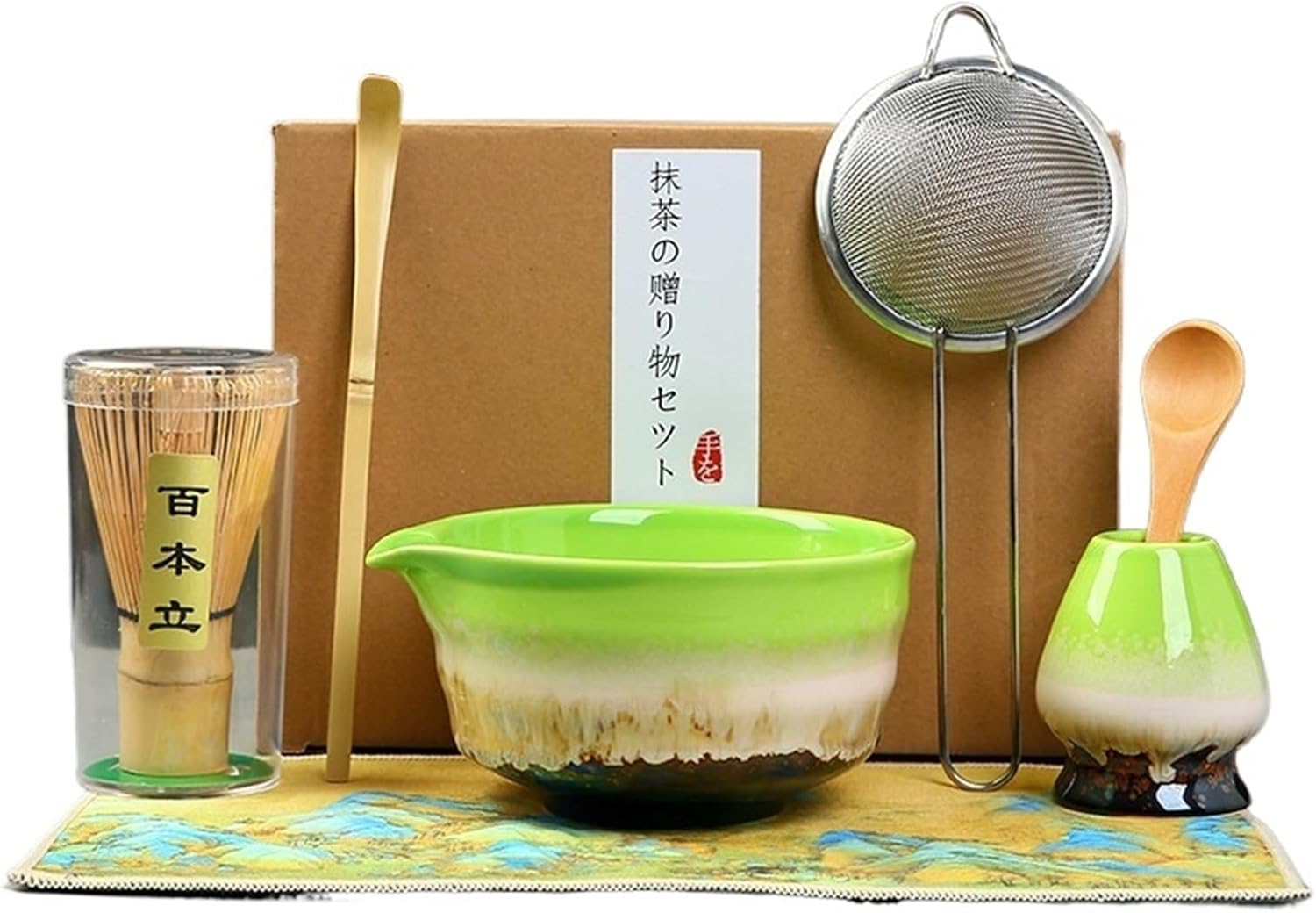 7pcs Traditional Bamboo Ceramic Matcha Tea Set with Spout Reusable Matcha Set Food Grade Safe Match Bowl Stirring(7pcs-MGN)