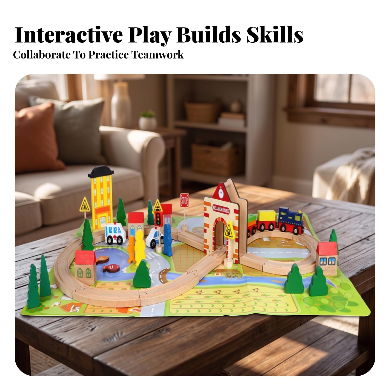 Almencla Trenino di Legno Educativo Modulare, Colorato, Set di Binari Ferroviari in Legno, per Cameretta, Asilo, Bambini