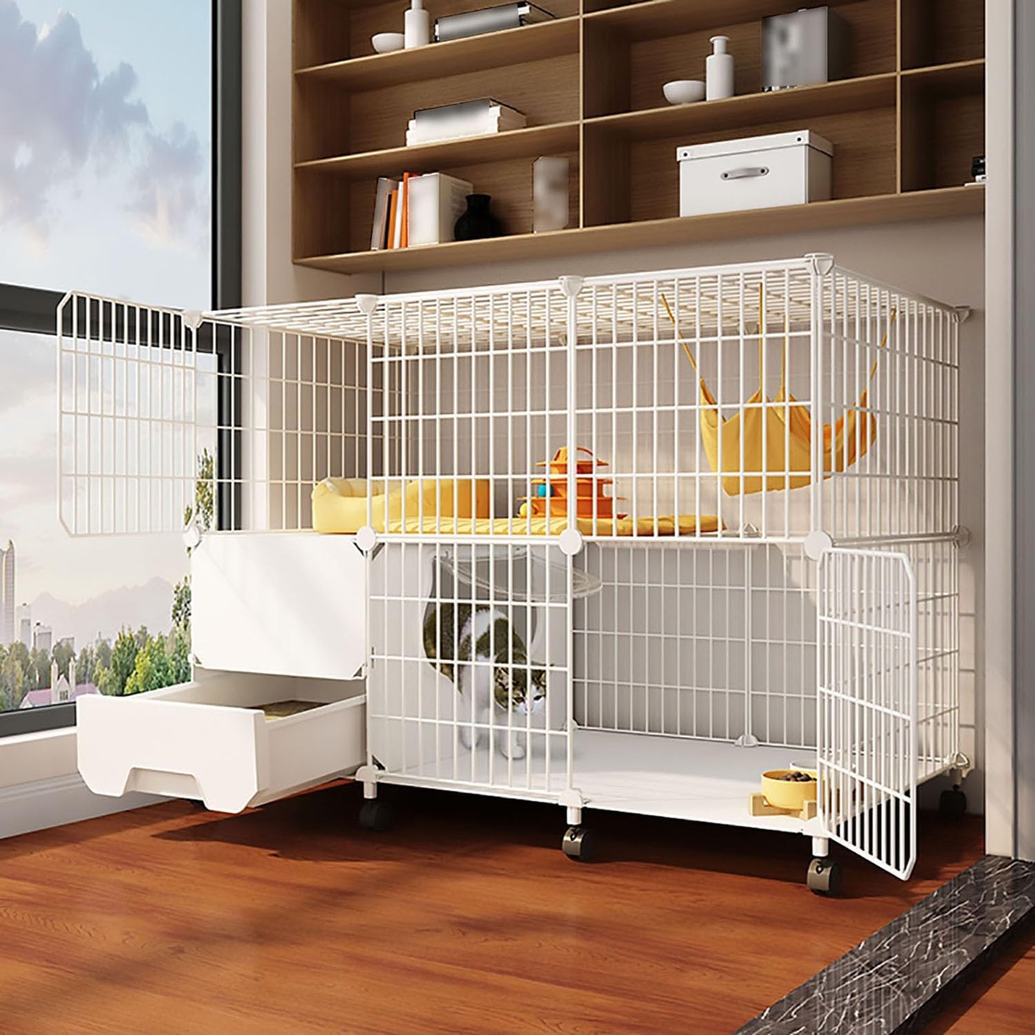 DIY Cat Cage Balcony with Wheels, Cat Enclosure with Cat Litter Box, Easy to Move, Equipped with Zip Ties for Added Stability (Size : 111x39x77cm)