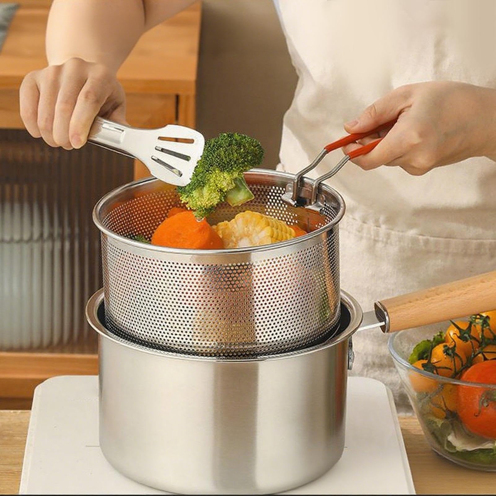 Friggitrice con cestello, in acciaio inox, scolapasta profonda, pentole da