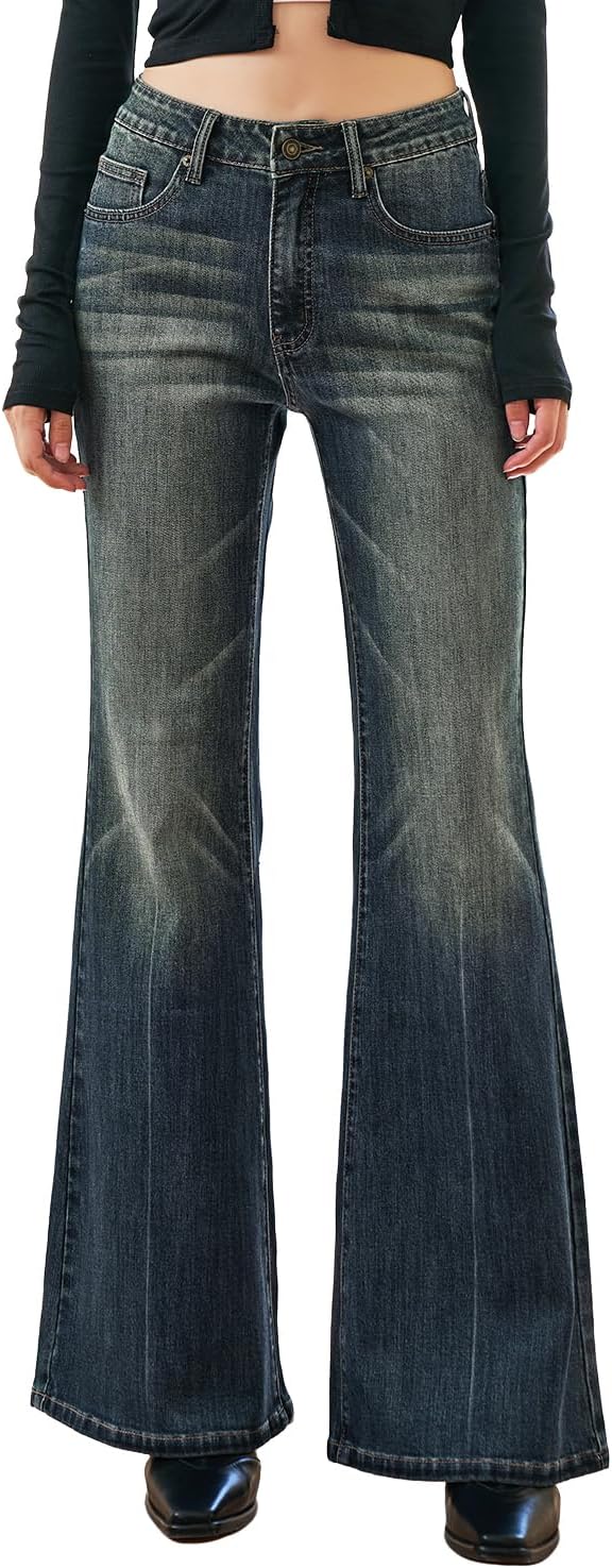 Women's High Waisted Bell Bottom Jeans Wide Leg Flare Bootcut Denim Pants w/Tummy Control Stretchy Trendy 2025
