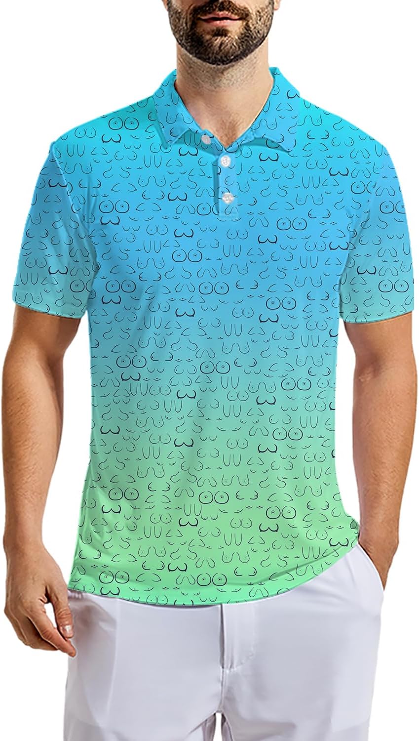 Men's Funny Golf Polo Shirts Quick Dry Blue Cartoon Short Sleeve Polo Shirts - Image 2