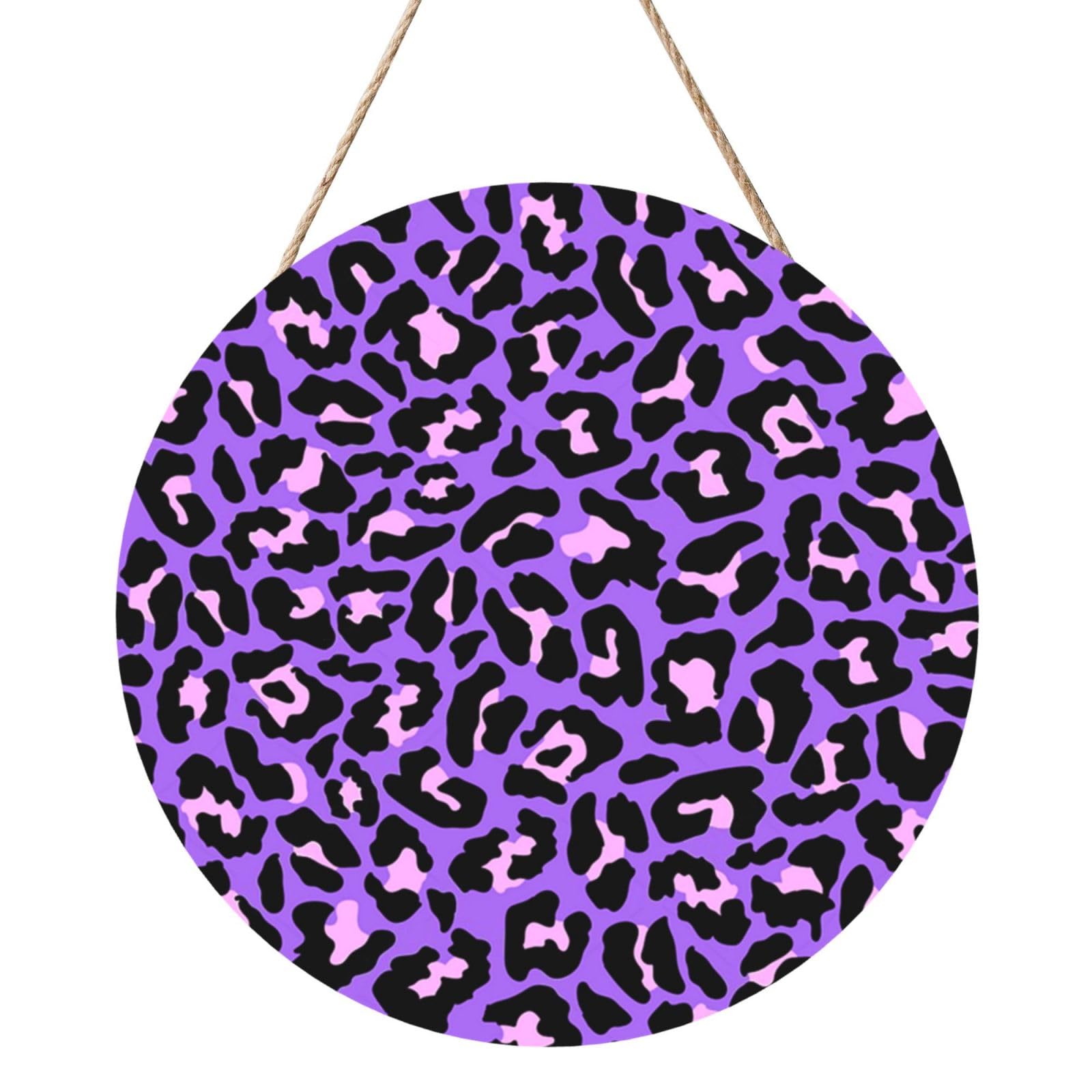 InOmak Neon Purple Pink Leopard Animals Print, Round Wood Panel Painting 12 in, Wall Hanging Painting For Home