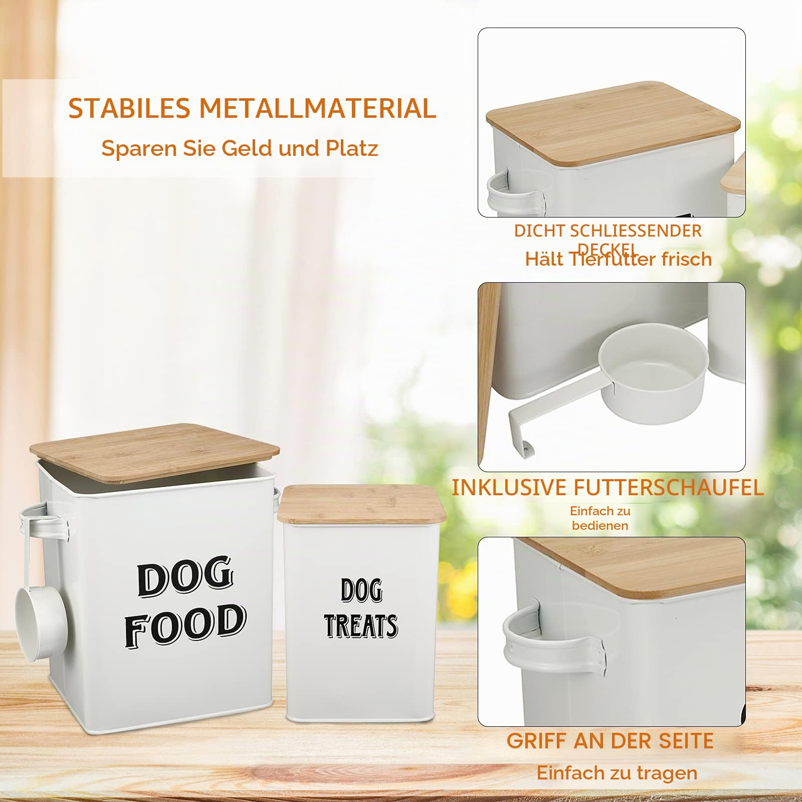 Morezi Tierfutterbehälter,hundefutter aufbewahrungsbox, Futterbox mit Schaufel und luftdichtem Holzdeckel, Aufbewahrung von Lebensmitteln und organisations-weiß