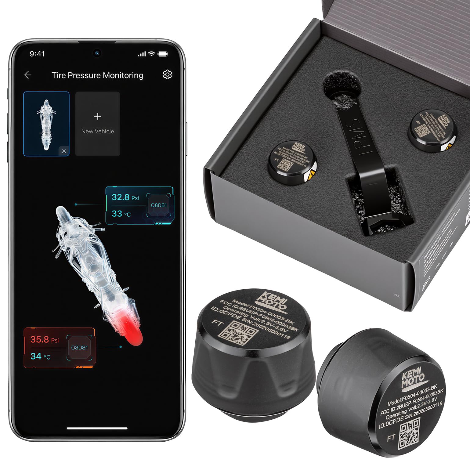 KEMIMOTO Reifendruckkontrollsystem, Motorrad TPMS System, IP67, Reifendruck und Temperatur Monitor, Batterie Langer Lebensdauer, für ATV Dirt Bike