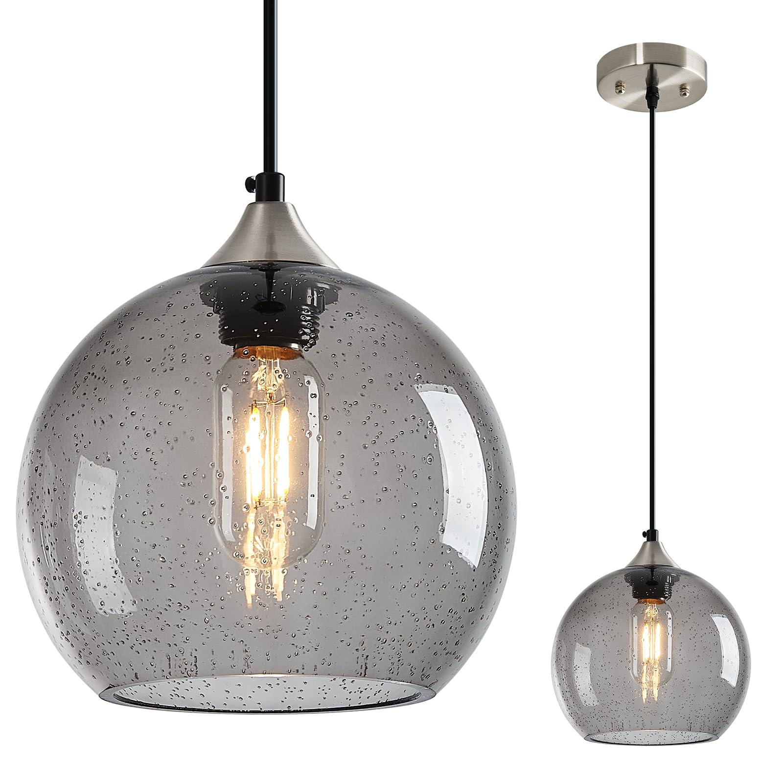 LBSQJ Light Grey Glass Pendant Lights Kitchen Island Lighting Globe Pendant Light Fixtures Modern Pendant Lighting for Bedroom Living Dining Room Light Fixture (7.87 in, 1 Pack)