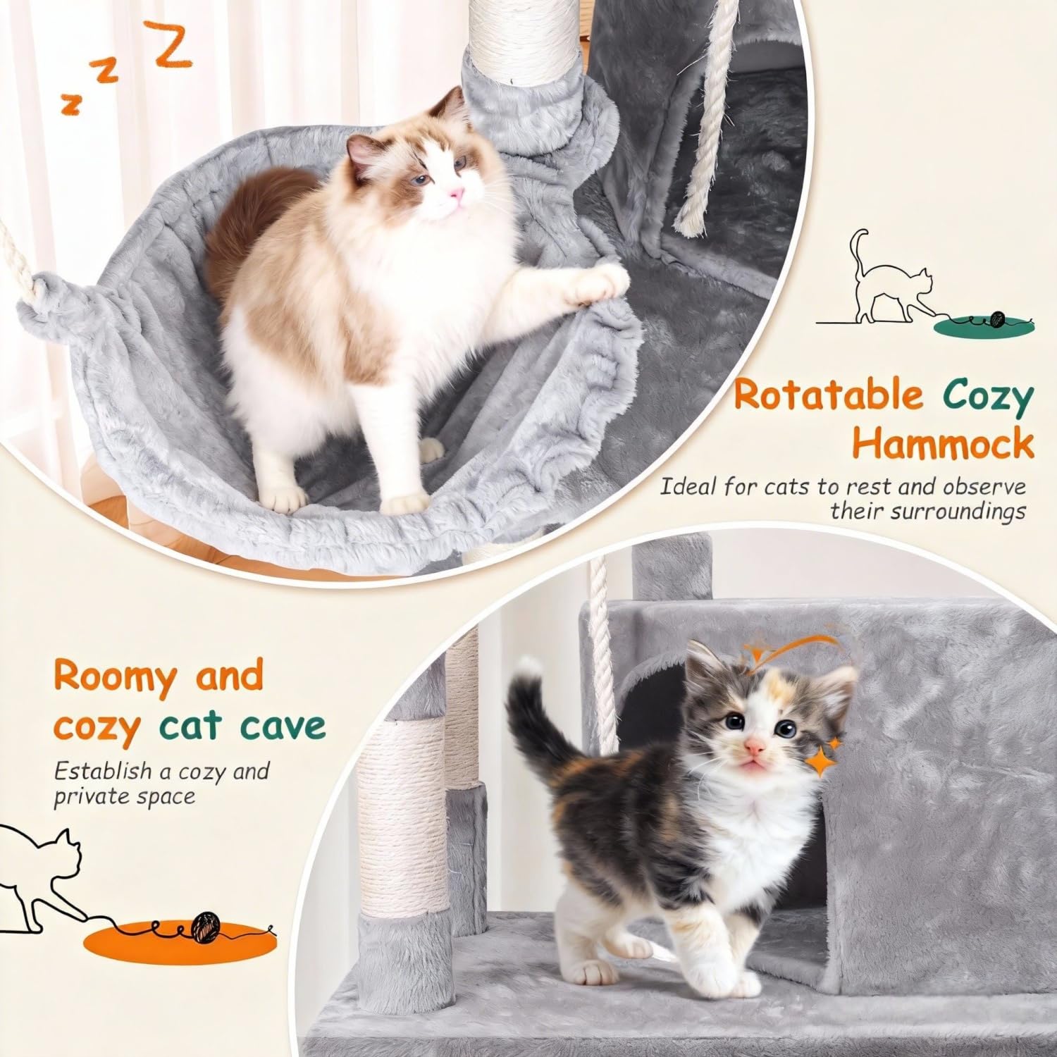 Nobleza Tiragraffi per Gatti Adulti148 cm, Tiragraffi con Amaca, 9 Pali Sisal, 2 Piattaforme, Pompon e Cuscino, Gioco per Gatti Adulti, Grigio