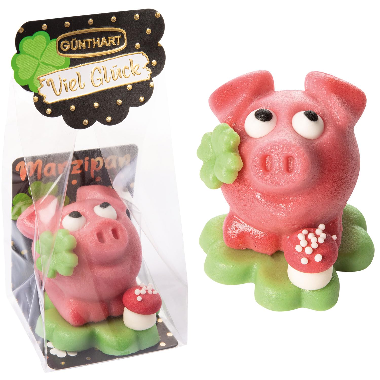 Günthart 15 Stück Marzipan Schweinchen auf Kleeblatt im Cellophanbeutel einzeln verpackt, 1er Pack (600 gr)