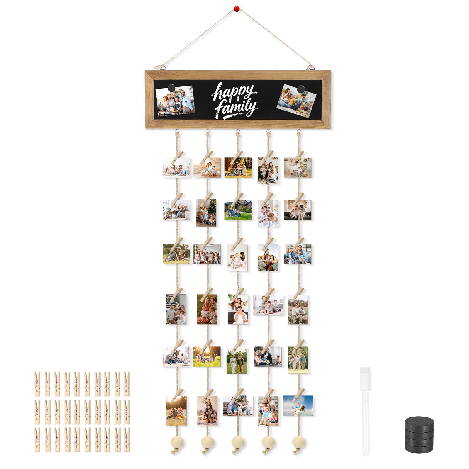 Hahorpa Hanging Photo Board with 30 Wooden Photo Pegs, String & White Pen