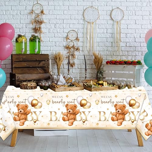 Miniatura 5 de CMUSKO Decoraciones de oso para baby shower para niños, 3 piezas, con temática de oso marrón, mantel de plástico para mesa de bebé para suministros