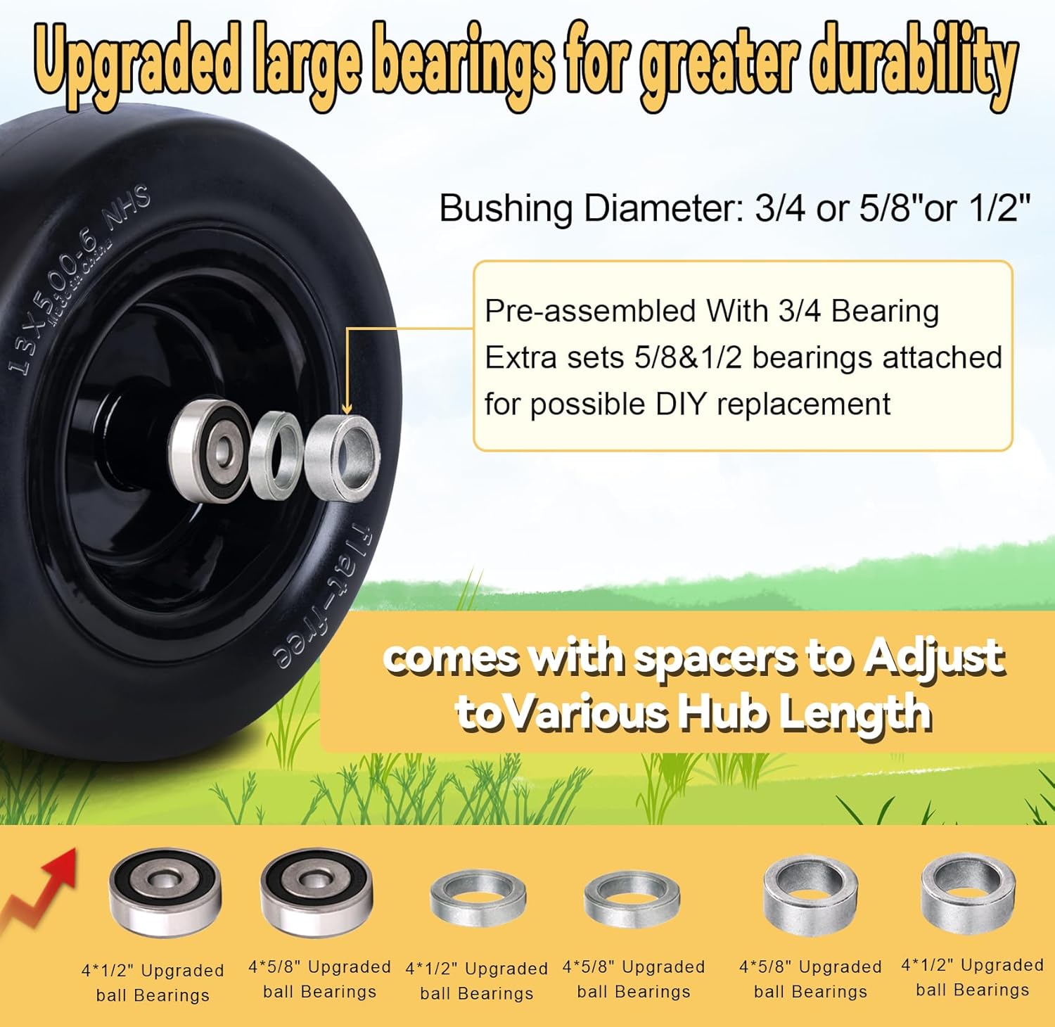 13x5.00-6 Tires for Zero Turn Mower,with Upgraded 3/4"or 5/8" and 1/2" Bearing More Durable, 13x5.00-6 Flat Free Tire, 13x5-6 Lawn Mower Tires,4.2"-5.2" Center Hub, Load 500lbs