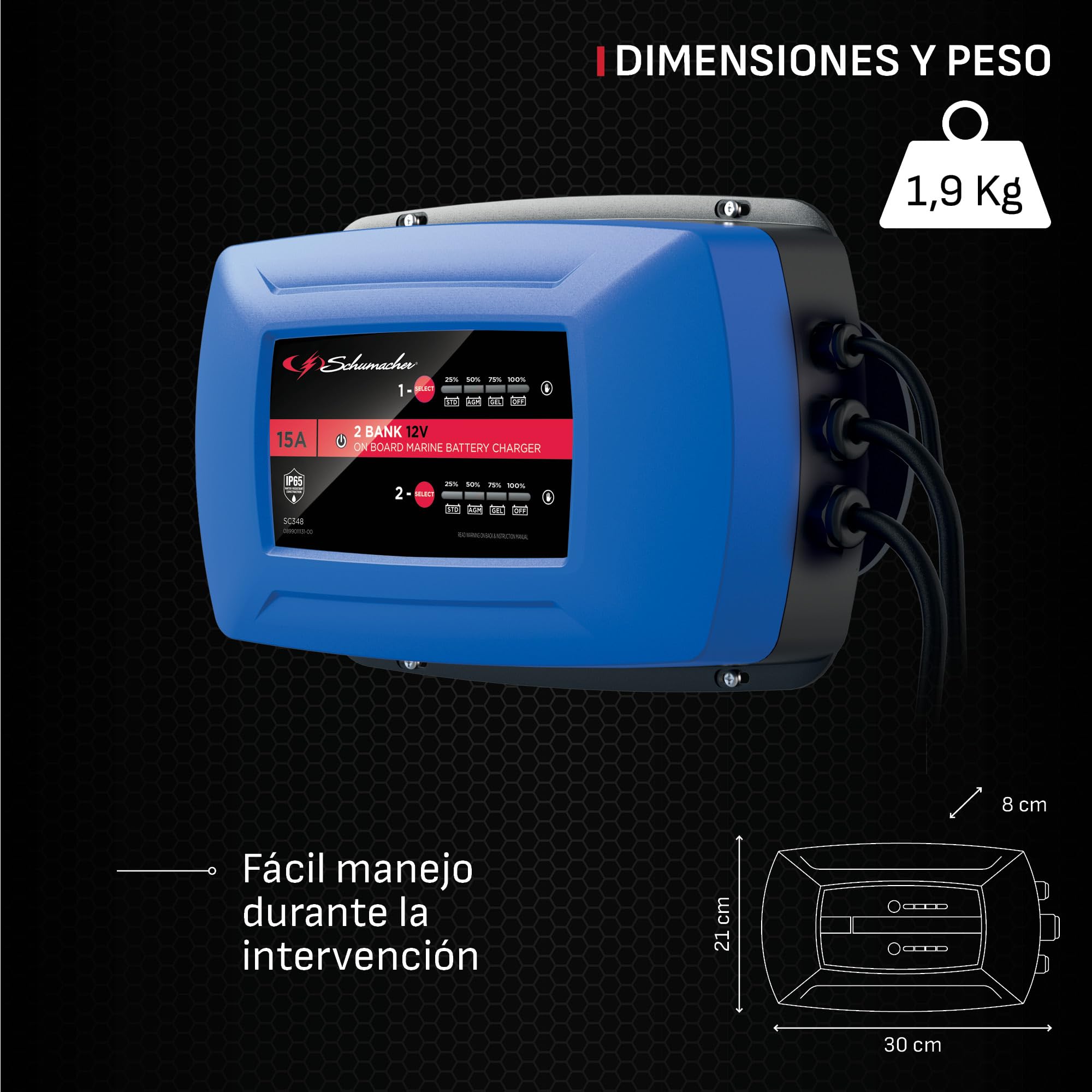 Schumacher Electric SC348-15A Cargador para 2 Baterías 12V Simultáneamente - Barco, Furgoneta, Caravana - Carga Inteligente - Pantalla Digital
