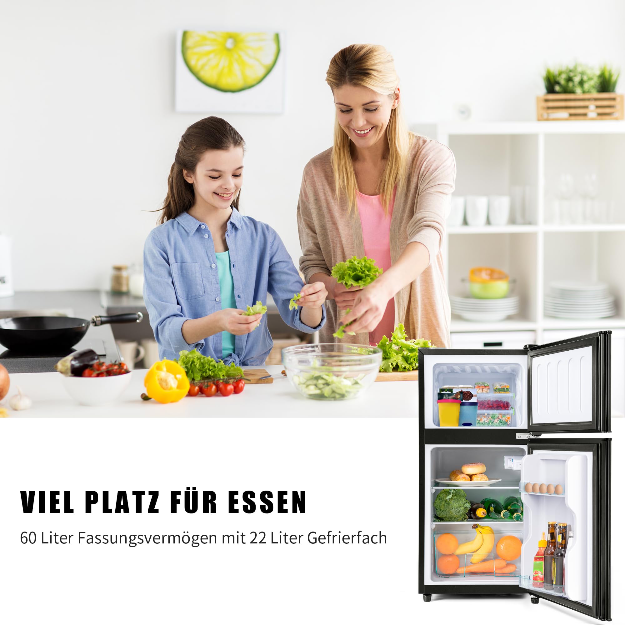 Kompaktowa lodówka z zamrażarką 60L, mała dwudrzwiowa wolnostojąca 86x45cm, chłodziarka 38L + zamrażarka 22L, klasa E 102 kWh/rok, -27°C do 13°C, 45 dB, LED, czarna elegancka