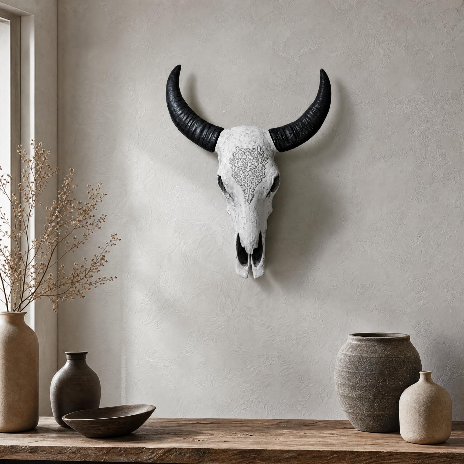 Baoblaze Teschio di Decorativo da Parete in Resina Effetto Invecchiato Teschio di Simulato da Parete Scultoreo Appeso Appendici Lunghe Curve