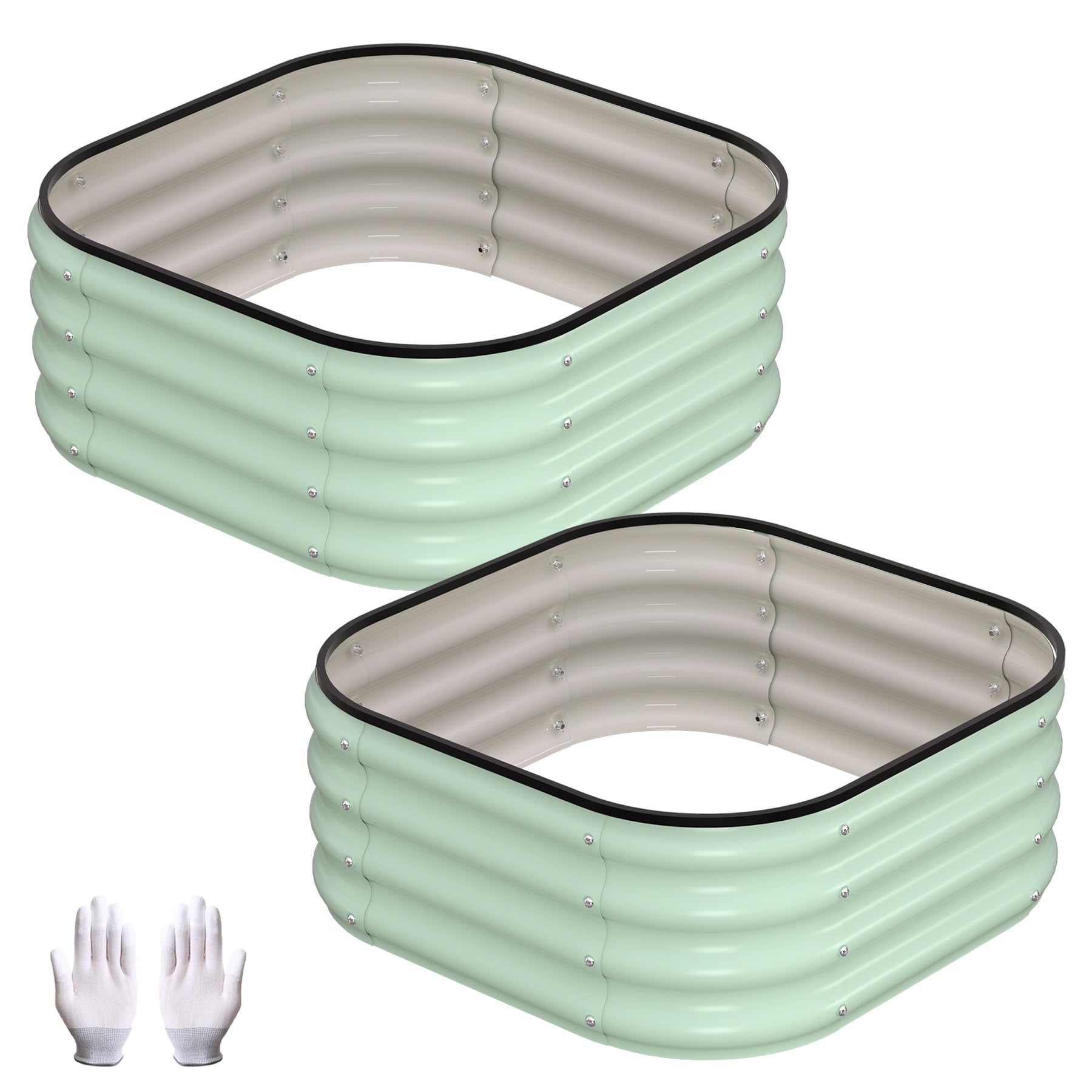 Garveemore Green Raised Garden Bed For Garden - Olive 2X2x1 Ft - Square Circular - Pack Of 2 - Bottomless Galvanised Steel Planter Box With Safe Round Edges For Vegetables, Flowers And Herbs, Planter Raised Bed