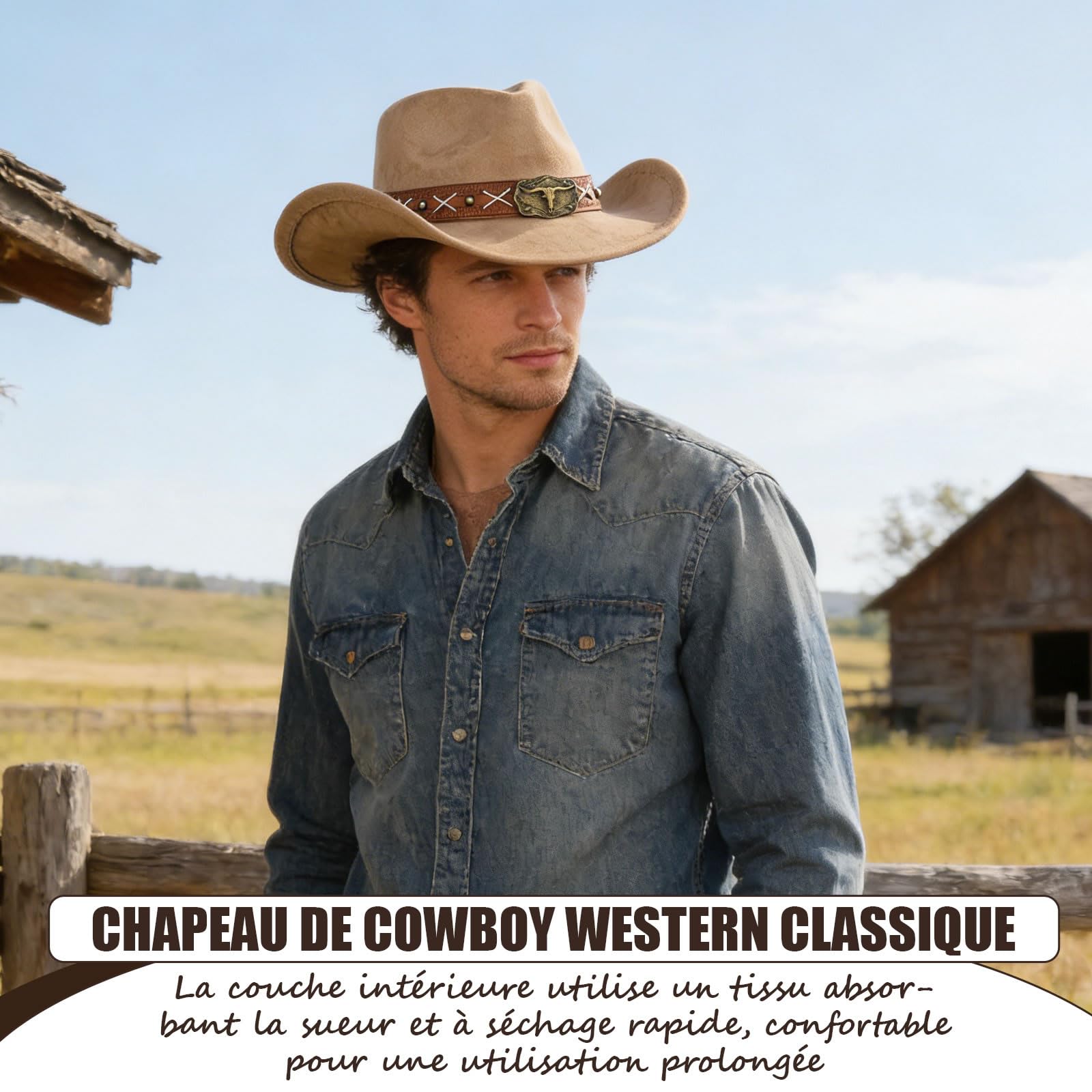 MYKAGS Chapeau de Cowboy, Unisexe, Chapeau de Cowboy Classique avec emblème métallique en Forme de Taureau, adapté Aussi Bien aux Occasions décontractées qu'aux Occasions Formelles(Chameau)