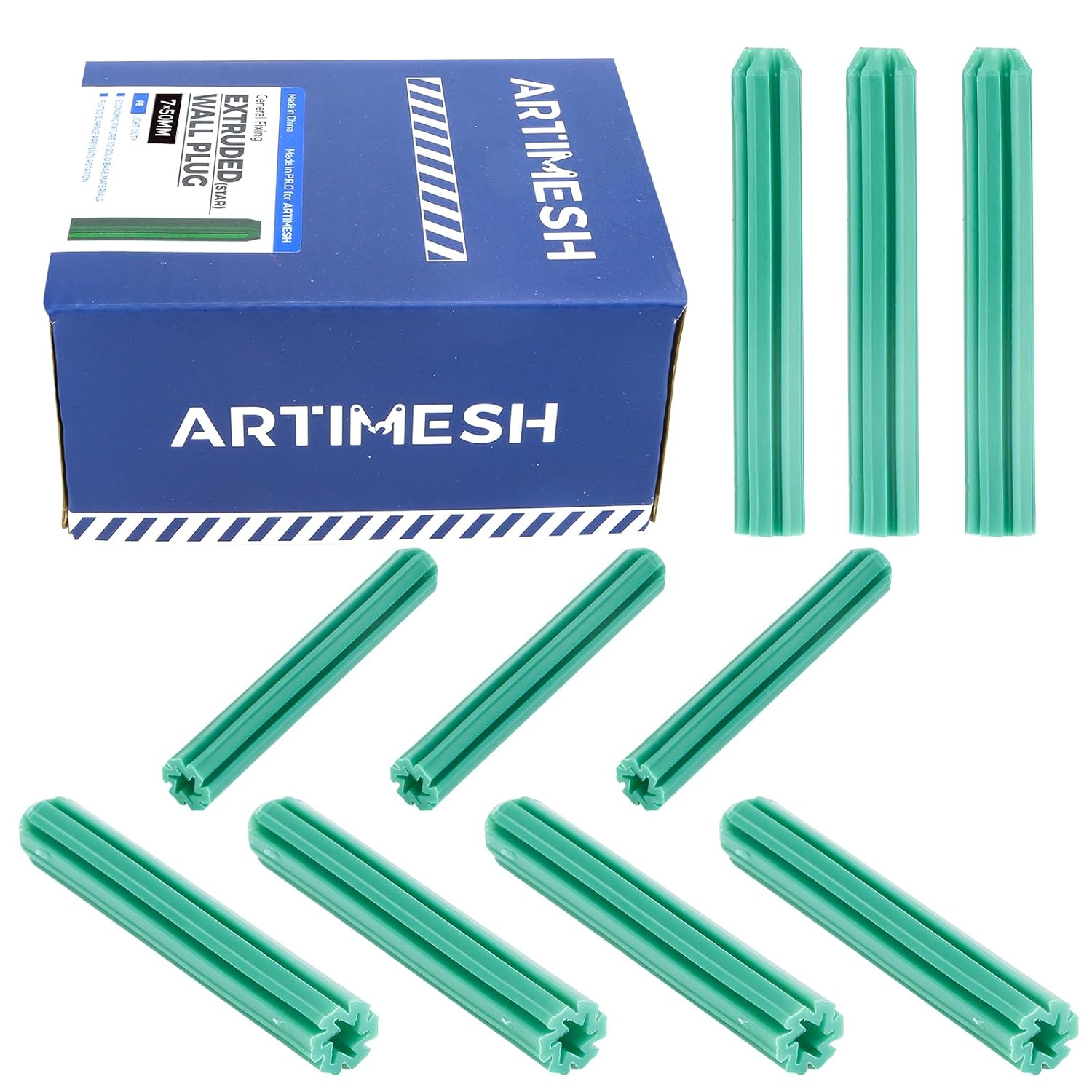 100 Pcs 7mm (1/4") x 50mm Plastic Expansion Anchors, Heavy Duty Green PE Wall Plugs for Concrete, Brick, Drywall & Hollow Walls