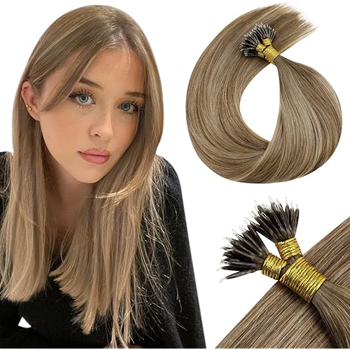 LaaVoo Balayage Nano Ring Beads Human Hair Extensions Light Brown Mix Dark Golden Blonde Micro Nano Tip Hair Extensions Human Hair 16inch 50g/50s