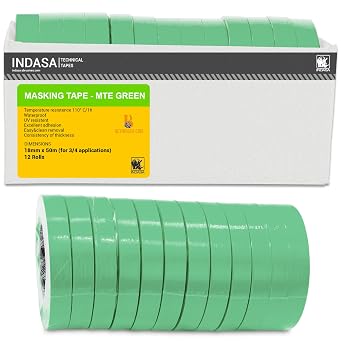 INDASA 3/4" x 50m Green Masking Tape, 12 CASE High-Temp 250F, Waterproof, No Residue, Clean Removal Ideal for Automotive, Industrial, Painting & Marine