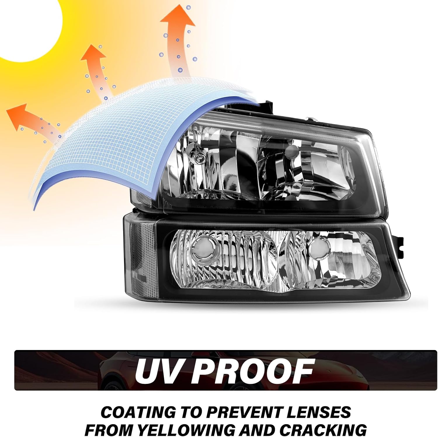 Bingbingmotor BRYGHT 4PCS Fits for 2003 2004 2005 2006 Chevy Silverado Headlight Assembly 03-07 Avalanche 1500 2500 3500 HD NON Body Cladding w/Bumper Lights Pair, Black Housing & Clear Reflector