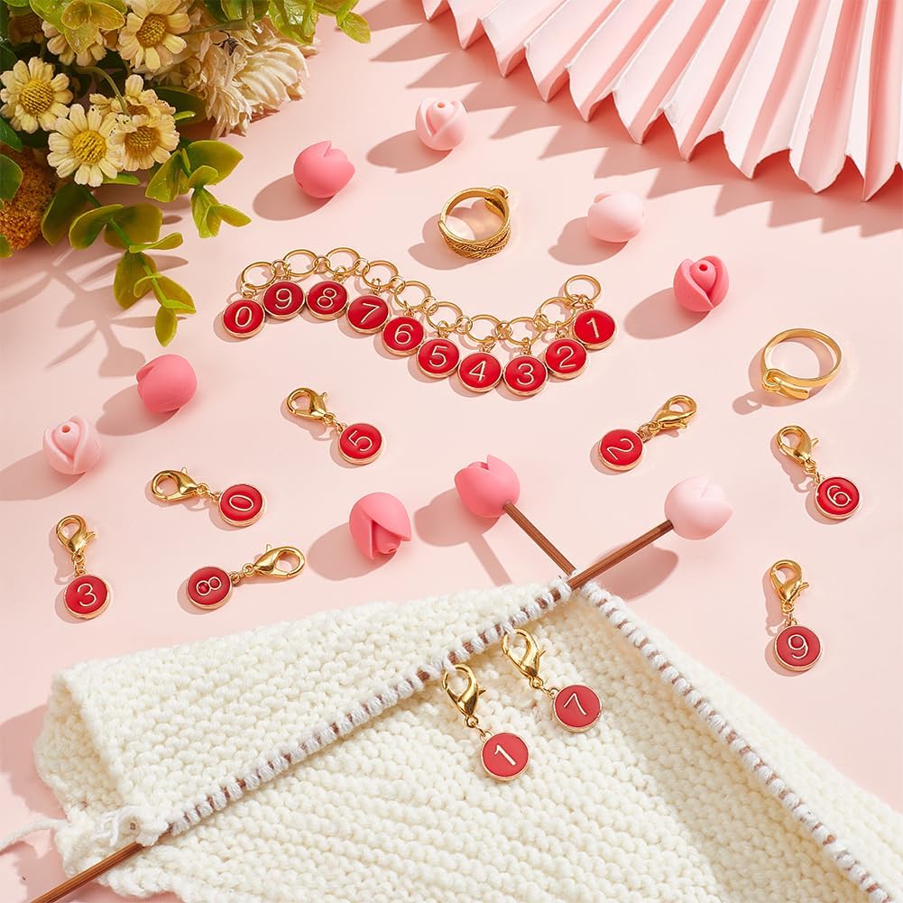 NBEADS 33 Pcs Knitting Accessories Kit, Including Dark Red Knitting Row Counter Chains 0-9 Number Stitch Markers 2 Colors Silicone Knitting Needle Stoppers Yarn Guide Finger Ring for Knitting Project