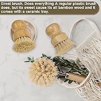 Vista 6 de Juego de cepillos de madera para platos limpios, sartenes y verduras, cerdas naturales de bambú con plato de cerámica, 1 cepillo de mango largo + 2