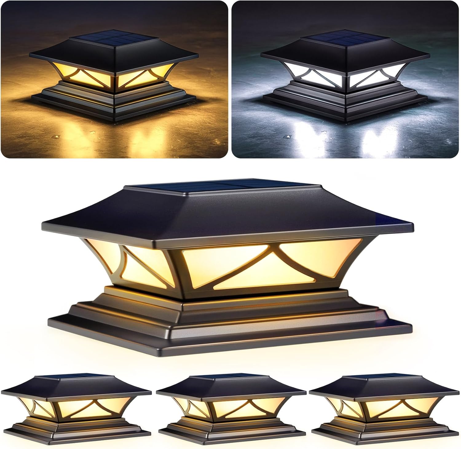 PASAMIC Solar Post Cap Lights 4 Pack, Solar Post Lights Outdoor Waterproof with 2 Color Modes, IP44 Deck Solar Powered for 4×4, 5×5, 6×6 Vinyl/Wooden Posts, Decorate Deck, Patio, Porch, Fence