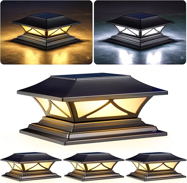 PASAMIC Solar Post Cap Lights 4 Pack, Solar Post Lights Outdoor Waterproof with 2 Color Modes, IP44 Deck Solar Powered for 4x4, 5x5, 6x6 Vinyl/Wooden Posts, Decorate Deck, Patio, Porch, Fence