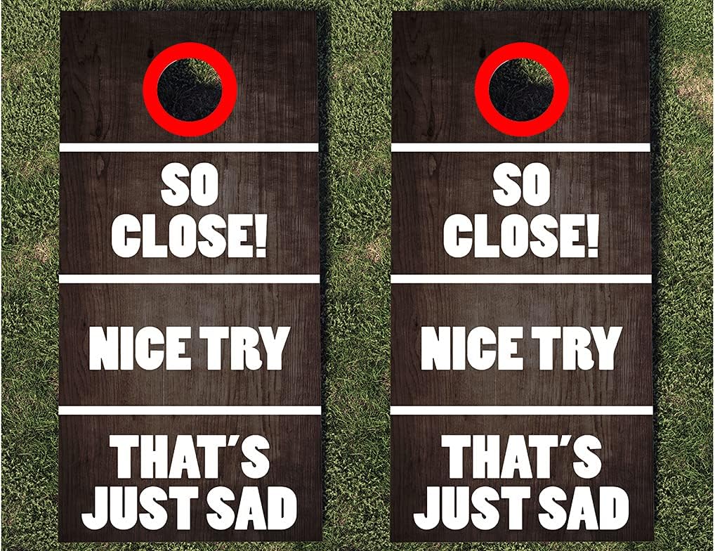 Cornhole Board Wraps 452 - So Close Wood Design Cornhole Game Graphic Decals - Includes Application Squeegee - Set of (2) 25" x 49" Wraps with Gloss Laminate