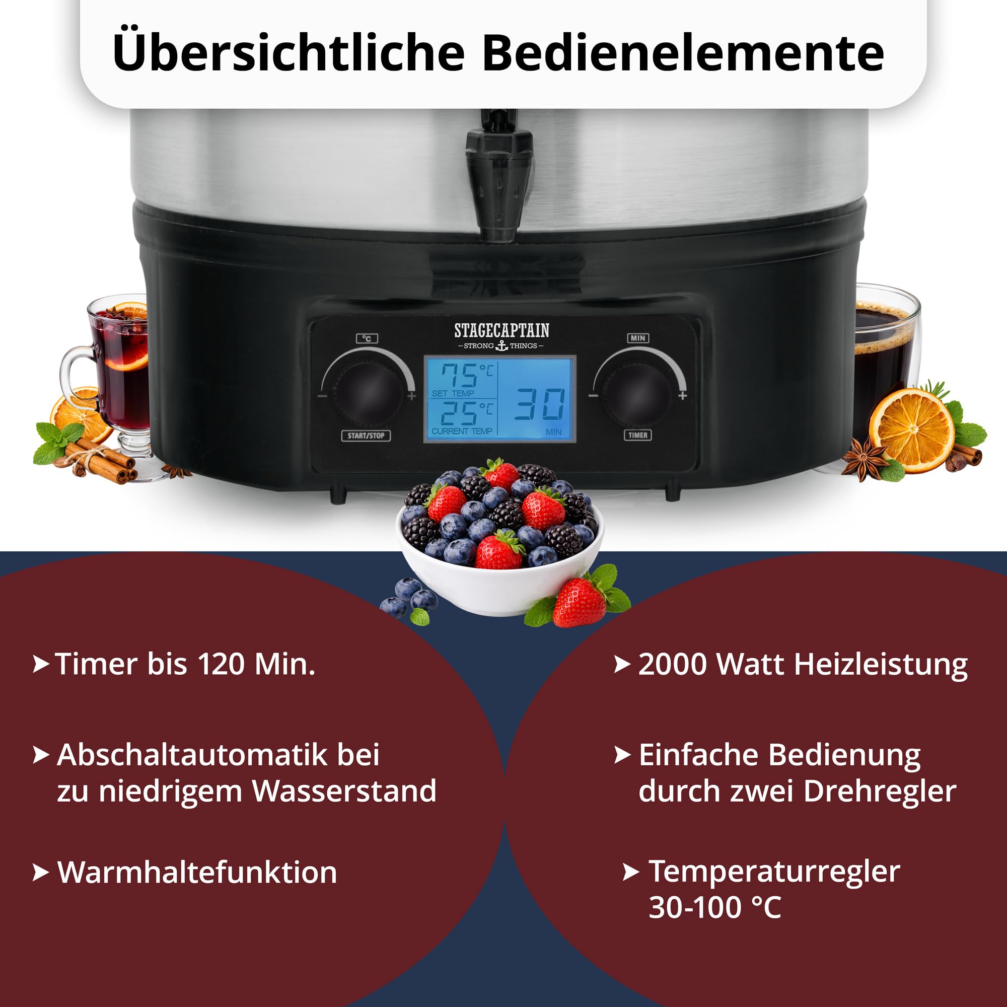 Stagecaptain GWK-27D Glühweinkocher - Digitaler Einkochautomat mit 27 Liter - LCD-Anzeige - 2000 Watt - Edelstahl - Einfache Bedienung (Temperatur und Zeitschaltuhr) - Abschaltautomatik - Silber