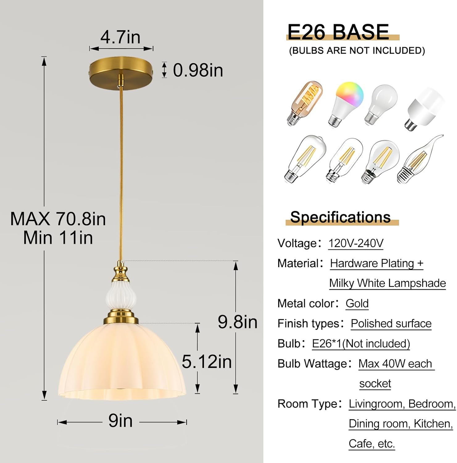 Glass Pendant Light Fixtures,Milky White 9-Inch Gold Finish Mid-Century Pendant Light for Kitchen Island, Dining Room,Entryway,Foyer