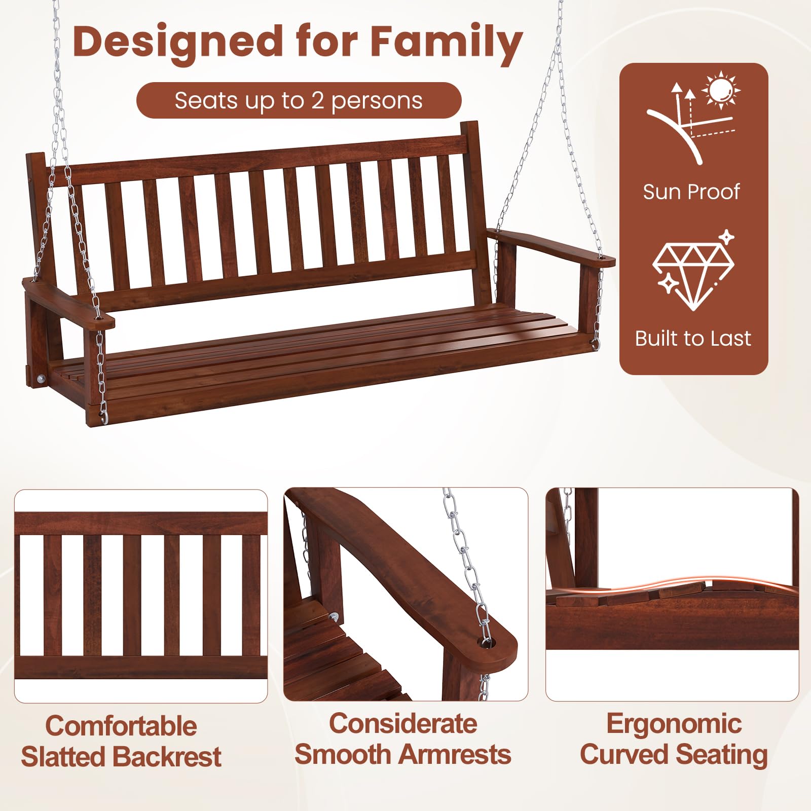 KOMFOTTEU Banc Suspendu 2-3 Places Balançoire Jardin Bois Massif Fauteuil Suspendu Charge 230/360 kg 168x65x63 cm Marron