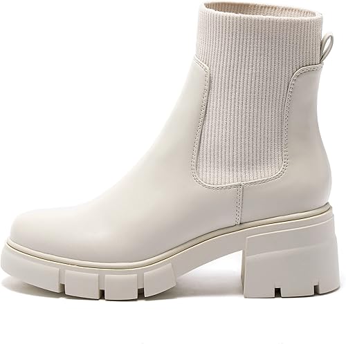 Miniatura 2 de REDTOP Botas Chelsea elásticas para mujer con tacón grueso en bloque, plataforma y suela con relieves, botines al tobillo