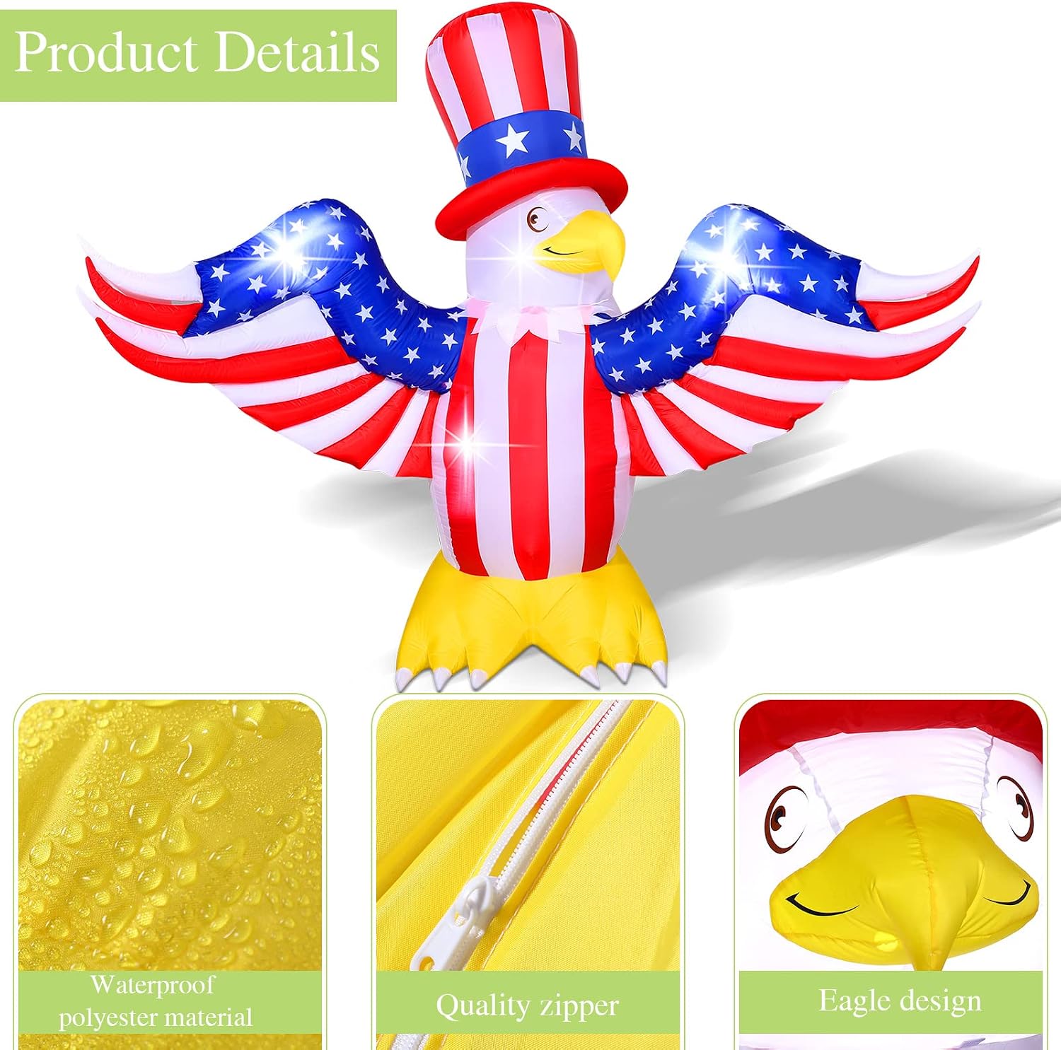 Chivao 6 FT Patriotic Independence Day Inflatable Decoration 4th of July 250th Anniversary Flag Bald Eagle Inflatables USA LED Blow Up Memorial Day Outdoor Indoor Yard Lawn Garden Decor
