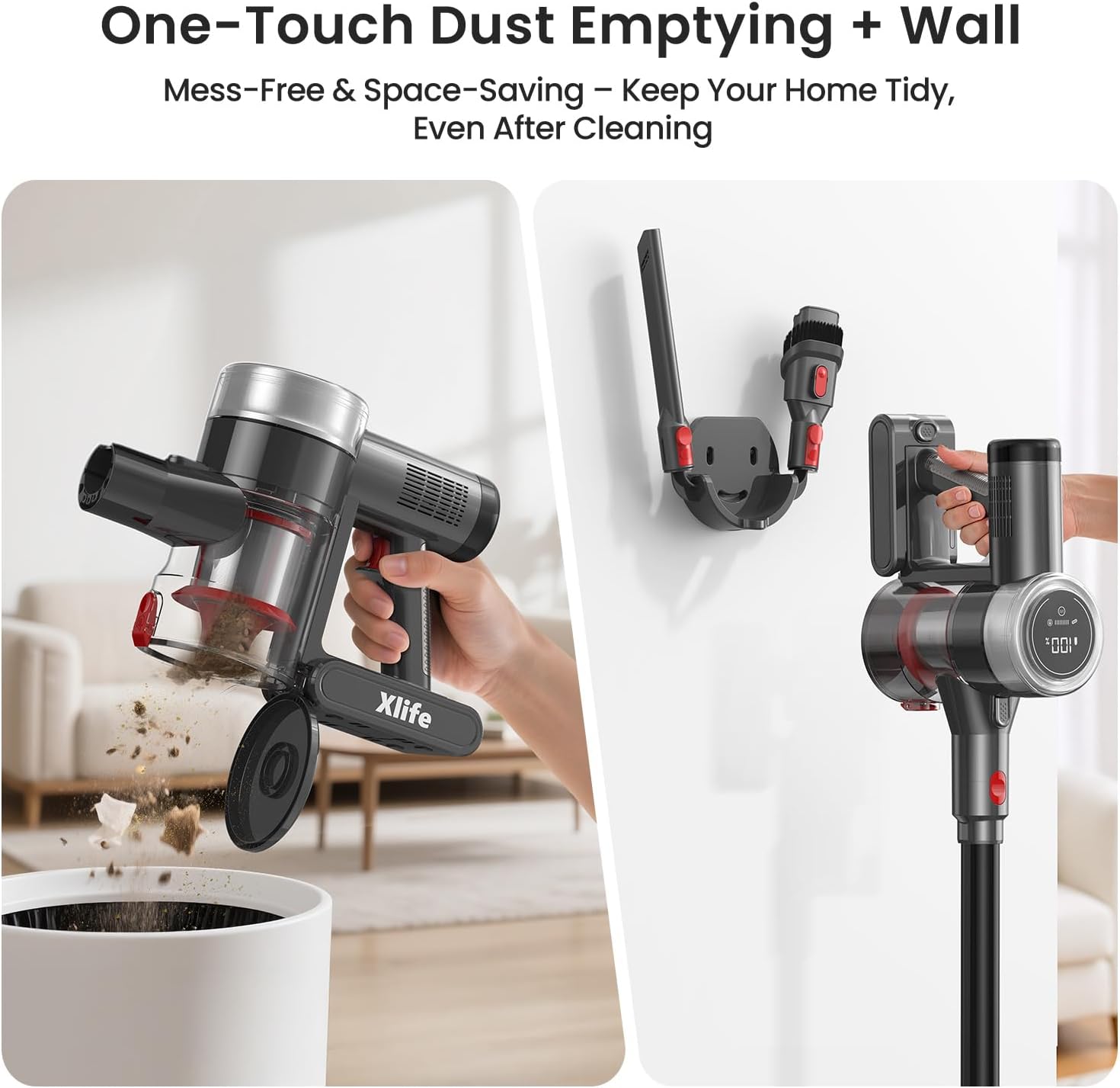 Xlife P2 vacuum dust cup emptying and wall-mounted charging dock