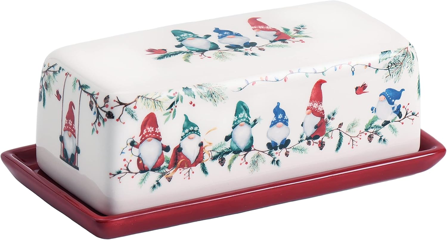 Bico Christmas Gnomes Ceramic Butter Dish with Lid, Wide Butter Keeper for Counter, Kitchen Countertop, Microwave and Dishwasher Safe