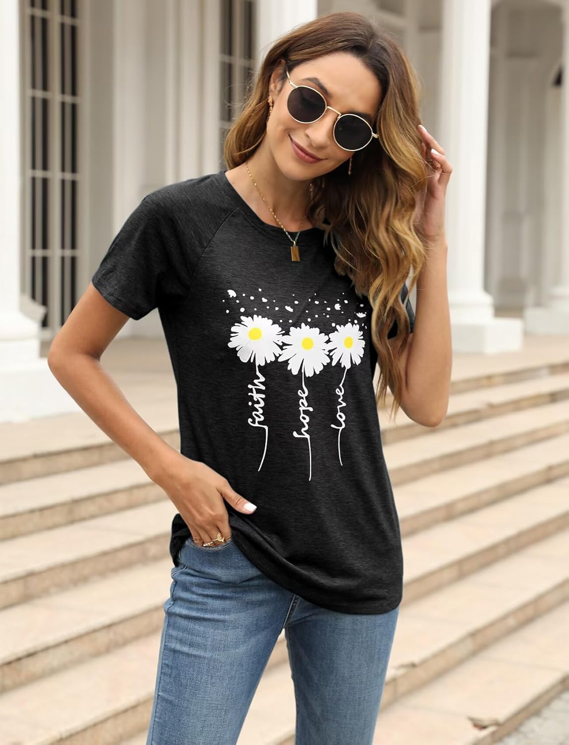 EADINVE Women Crewneck Daisy Print Short Sleeve T-Shirts Summer Faith-Hope-Love Tees Loose Fit Graphic Tops 2026 - Image 3