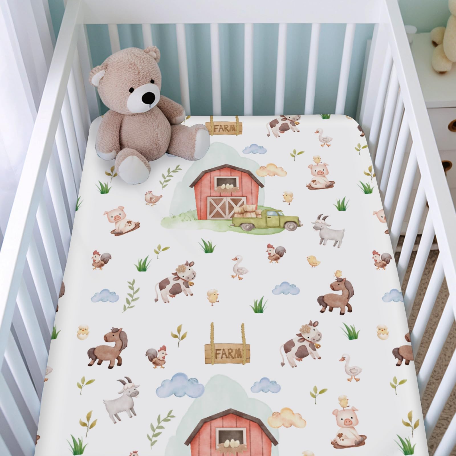 Watercolor Farm Life Fitted Crib Sheets For Boy Girl 52\"x28\" Farm Animals Pig Goat Horse Cow Chick Rooster Duck Leaves Soft Fitted Nursery Bed Sheets For Standard Crib And Toddler Mattress
