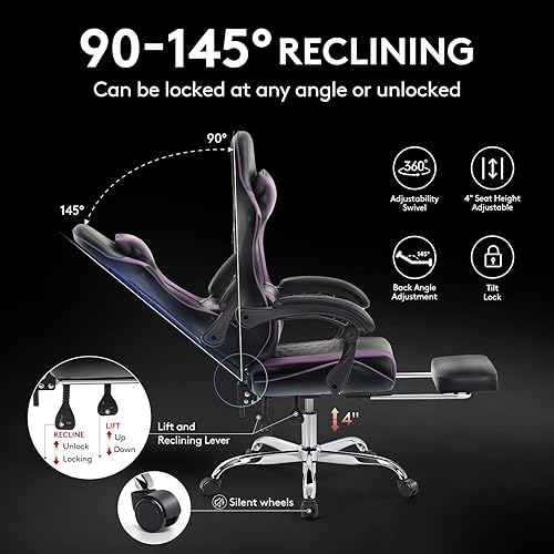 Miniatura 8 de Gaming Chair,Computer Office Chair with Footrest,Massage Lumbar Support and Gel Pad,Ergonomic Reclining Adjustable Leather Gamer Chair with Headrest
