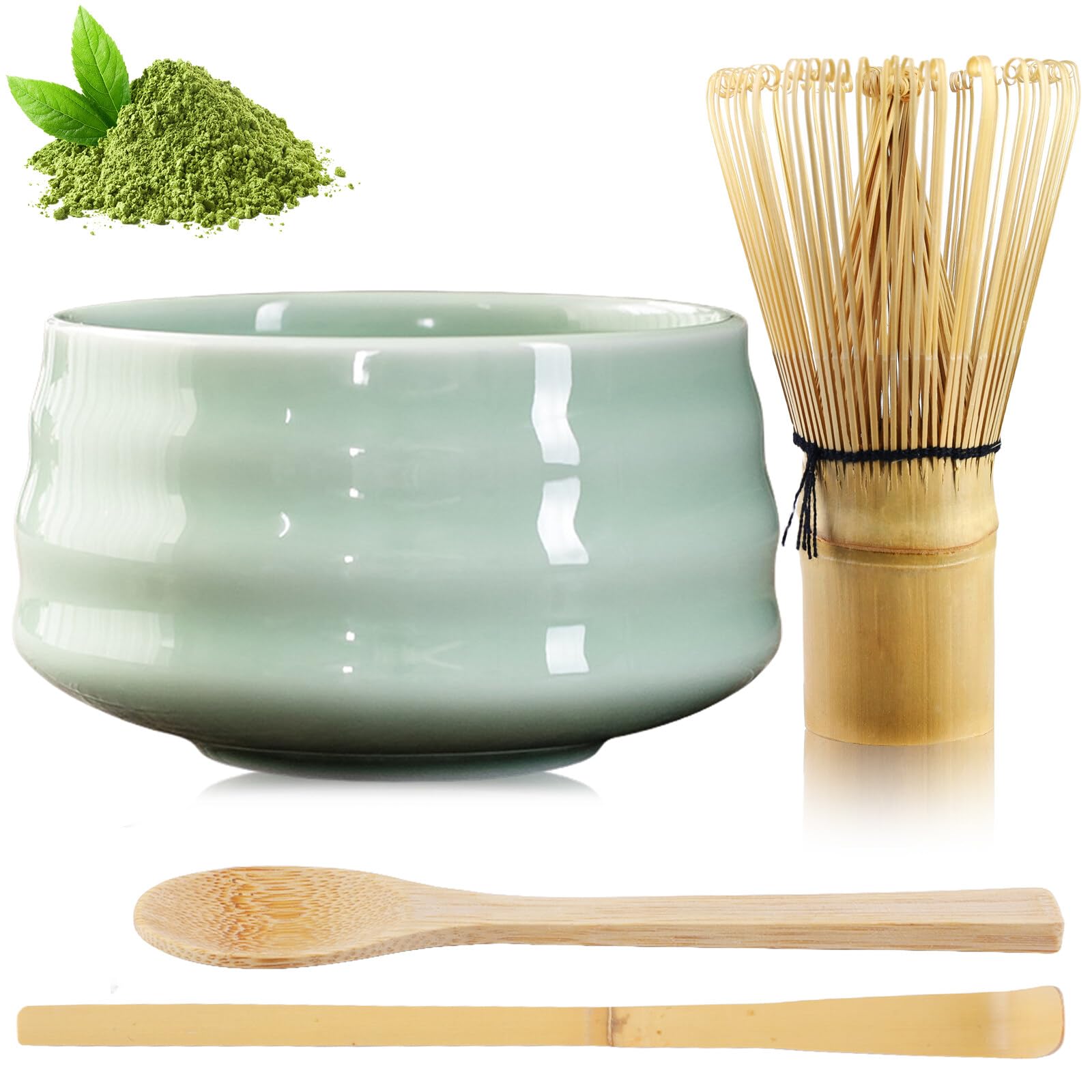 Vaileal Kit De Thé Matcha 4 Pièces : Bol en Céramique, Fouet en Bambou Artisanal, Ensemble Complet pour Cérémonie du Matcha en Couleur Verte